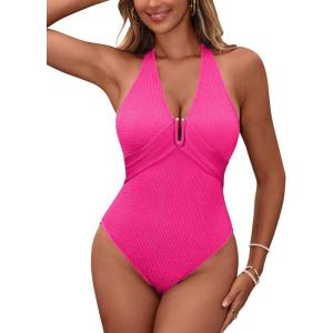 imageBlooming Jelly Womens One Piece Swimsuit Full Coverage Tummy Control Bathing Suits Color Block Halter Swim SuitsHot Pink