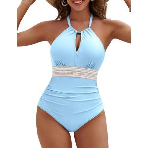 imageBlooming Jelly Womens One Piece Swimsuit Full Coverage Tummy Control Bathing Suits Color Block Halter Swim SuitsPale Blue