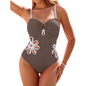 imageBlooming Jelly Womens One Piece Swimsuit Slimming Color Block High Cut Bathing Suit Cheeky Floral Cutout SwimwearBrown