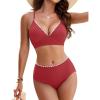 imageBlooming Jelly Womens High Waisted Bikini Sets Color Block Two Piece Swimsuits Ribbed Lace Up Back Bathing SuitsBrick Red