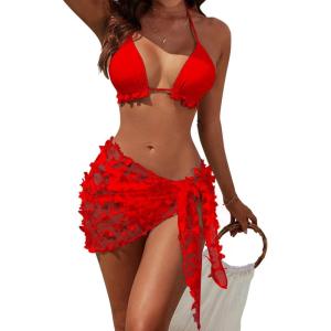imageBlooming Jelly Womens 3 Piece Swimsuits Triangle Halter Thong Bikini Set Butterfly Bathing Suits SarongsRed