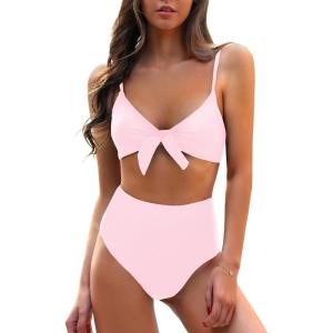 imageBlooming Jelly Womens High Waisted Bikini Set Tie Knot High Rise Two Piece Swimsuits Bathing SuitsLight Pink