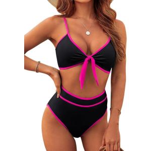 imageBlooming Jelly Womens High Waisted Bikini Set Tie Knot High Rise Two Piece Swimsuits Bathing SuitsNew Colorblock Black59