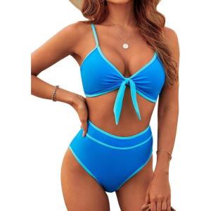 imageBlooming Jelly Womens High Waisted Bikini Set Tie Knot High Rise Two Piece Swimsuits Bathing SuitsNew Colorblock Blue