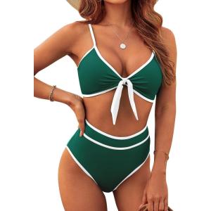 imageBlooming Jelly Womens High Waisted Bikini Set Tie Knot High Rise Two Piece Swimsuits Bathing SuitsNew Colorblock Green