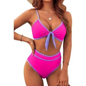 imageBlooming Jelly Womens High Waisted Bikini Set Tie Knot High Rise Two Piece Swimsuits Bathing SuitsNew Colorblock Pink