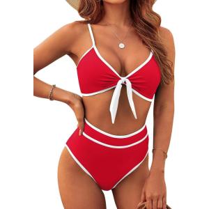 imageBlooming Jelly Womens High Waisted Bikini Set Tie Knot High Rise Two Piece Swimsuits Bathing SuitsNew Colorblock Red37