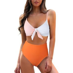 imageBlooming Jelly Womens High Waisted Bikini Set Tie Knot High Rise Two Piece Swimsuits Bathing SuitsOrange  Pink