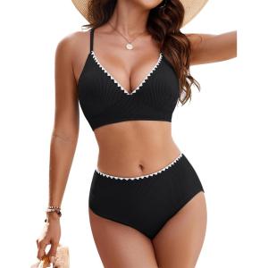 imageBlooming Jelly Womens High Waisted Bikini Sets Color Block Two Piece Swimsuits Ribbed Lace Up Back Bathing SuitsBlack