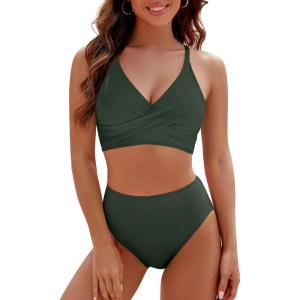 imageBlooming Jelly Womens High Waisted Bikini Sets Criss Cross Two Piece Swimsuits Color Block Full Coverage Bathing SuitsArmy Green