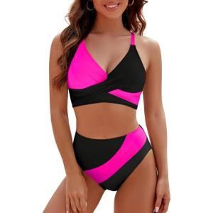 imageBlooming Jelly Womens High Waisted Bikini Sets Criss Cross Two Piece Swimsuits Color Block Full Coverage Bathing SuitsBlack Pink