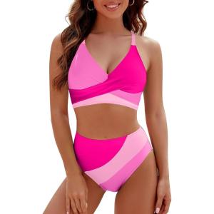 imageBlooming Jelly Womens High Waisted Bikini Sets Criss Cross Two Piece Swimsuits Color Block Full Coverage Bathing SuitsHot Pink