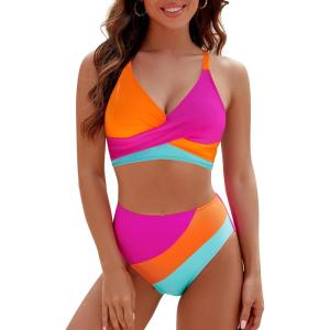 imageBlooming Jelly Womens High Waisted Bikini Sets Criss Cross Two Piece Swimsuits Color Block Full Coverage Bathing SuitsPink Orange
