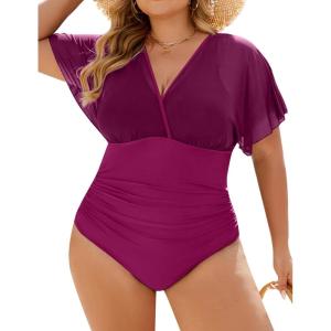imageBlooming Jelly Womens Plus Size Swimsuit One Piece Bathing Suit Tummy Control Mesh V Neck Maternity SwimwearFuchsia