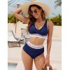 imageBlooming Jelly Women High Waisted Bikini Sets V Neck Tummy Control Swimsuits Color Block Two Piece Bathing SuitDeep Blue