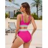 imageBlooming Jelly Women High Waisted Bikini Sets V Neck Tummy Control Swimsuits Color Block Two Piece Bathing SuitHot Pink