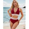 imageBlooming Jelly Womens High Waisted Bikini Sets Color Block Tummy Control Swimsuits Drawstring Two Piece Bathing SuitWine Red