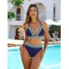 imageBlooming Jelly Womens High Waisted Bikini Sets Color Block Two Piece Swimsuit V Neck Crisscross Back Bathing SuitDark Blue