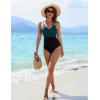 imageBlooming Jelly Womens One Piece Swimsuit Metal Modest Tummy Control Bathing Suit Slimming Full Coverage Mesh Swim SuitsBlack Peacock Green