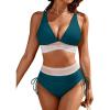imageBlooming Jelly Womens High Waisted Bikini Sets Color Block Tummy Control Swimsuits Drawstring Two Piece Bathing SuitBlue Green