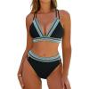 imageBlooming Jelly Womens High Waisted Bikini Sets Color Block Two Piece Swimsuit V Neck Crisscross Back Bathing SuitBlack