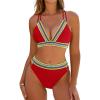 imageBlooming Jelly Womens High Waisted Bikini Sets Color Block Two Piece Swimsuit V Neck Crisscross Back Bathing SuitRed