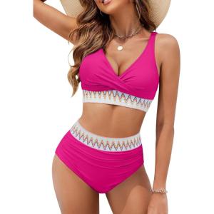 imageBlooming Jelly Women High Waisted Bikini Sets V Neck Tummy Control Swimsuits Color Block Two Piece Bathing SuitHot Pink