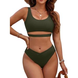 imageBlooming Jelly Womens Cheeky High Cut Bikini Set Cutout High Waisted Swimsuits Backless 2 Piece Bathing SuitsArmy Green