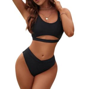 imageBlooming Jelly Womens Cheeky High Cut Bikini Set Cutout High Waisted Swimsuits Backless 2 Piece Bathing SuitsBlack