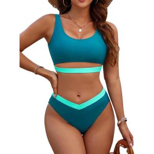 imageBlooming Jelly Womens Cheeky High Cut Bikini Set Cutout High Waisted Swimsuits Backless 2 Piece Bathing SuitsBlue Green