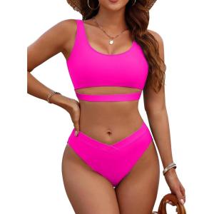 imageBlooming Jelly Womens Cheeky High Cut Bikini Set Cutout High Waisted Swimsuits Backless 2 Piece Bathing SuitsHot Pink