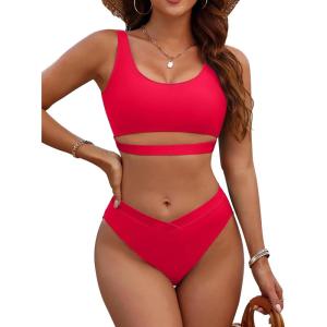 imageBlooming Jelly Womens Cheeky High Cut Bikini Set Cutout High Waisted Swimsuits Backless 2 Piece Bathing SuitsRed