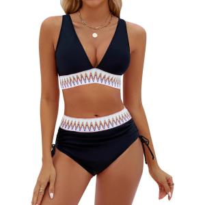 imageBlooming Jelly Womens High Waisted Bikini Sets Color Block Tummy Control Swimsuits Drawstring Two Piece Bathing SuitBlack 032