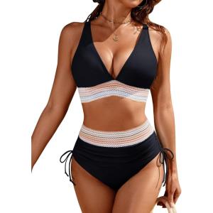 imageBlooming Jelly Womens High Waisted Bikini Sets Color Block Tummy Control Swimsuits Drawstring Two Piece Bathing SuitBlack