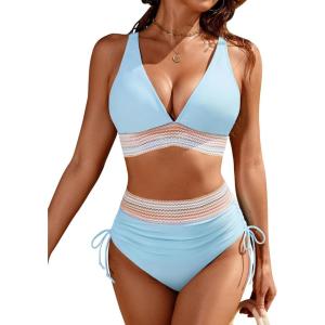 imageBlooming Jelly Womens High Waisted Bikini Sets Color Block Tummy Control Swimsuits Drawstring Two Piece Bathing SuitBlue
