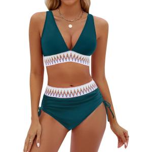 imageBlooming Jelly Womens High Waisted Bikini Sets Color Block Tummy Control Swimsuits Drawstring Two Piece Bathing SuitBlue Green 032