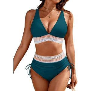 imageBlooming Jelly Womens High Waisted Bikini Sets Color Block Tummy Control Swimsuits Drawstring Two Piece Bathing SuitBlue Green