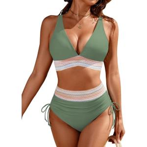imageBlooming Jelly Womens High Waisted Bikini Sets Color Block Tummy Control Swimsuits Drawstring Two Piece Bathing SuitGreen