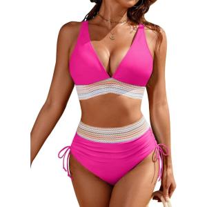 imageBlooming Jelly Womens High Waisted Bikini Sets Color Block Tummy Control Swimsuits Drawstring Two Piece Bathing SuitHot Pink