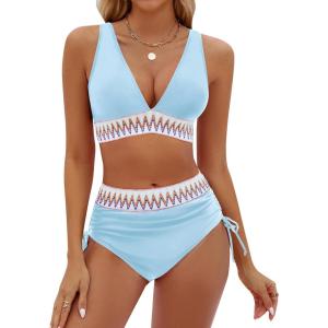 imageBlooming Jelly Womens High Waisted Bikini Sets Color Block Tummy Control Swimsuits Drawstring Two Piece Bathing SuitLight Blue 032