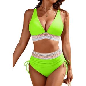 imageBlooming Jelly Womens High Waisted Bikini Sets Color Block Tummy Control Swimsuits Drawstring Two Piece Bathing SuitNeon Green