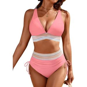 imageBlooming Jelly Womens High Waisted Bikini Sets Color Block Tummy Control Swimsuits Drawstring Two Piece Bathing SuitPink