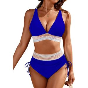 imageBlooming Jelly Womens High Waisted Bikini Sets Color Block Tummy Control Swimsuits Drawstring Two Piece Bathing SuitRoyal Blue
