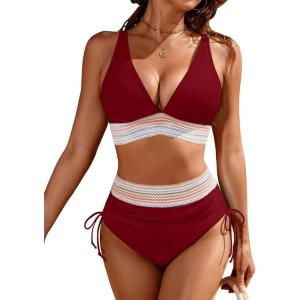 imageBlooming Jelly Womens High Waisted Bikini Sets Color Block Tummy Control Swimsuits Drawstring Two Piece Bathing SuitWine Red