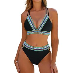 imageBlooming Jelly Womens High Waisted Bikini Sets Color Block Two Piece Swimsuit V Neck Crisscross Back Bathing SuitBlack