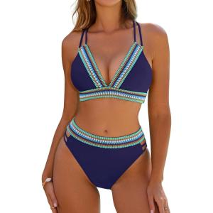 imageBlooming Jelly Womens High Waisted Bikini Sets Color Block Two Piece Swimsuit V Neck Crisscross Back Bathing SuitDark Blue