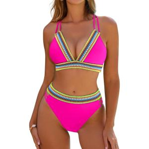 imageBlooming Jelly Womens High Waisted Bikini Sets Color Block Two Piece Swimsuit V Neck Crisscross Back Bathing SuitHot Pink