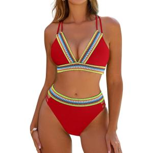 imageBlooming Jelly Womens High Waisted Bikini Sets Color Block Two Piece Swimsuit V Neck Crisscross Back Bathing SuitRed