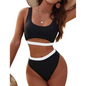imageBlooming Jelly Womens High Waisted Bikini Sets High Cut Bathing Suits Two Piece Sporty Cut Out SwimsuitsBlack and White