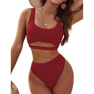 imageBlooming Jelly Womens High Waisted Bikini Sets High Cut Bathing Suits Two Piece Sporty Cut Out SwimsuitsWine Red